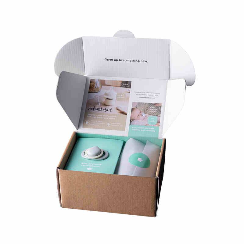 Tommee Tippee Trial Pack featuring a 150ml bottle and 0-2m soother in an open, branded box with a soft green interior.