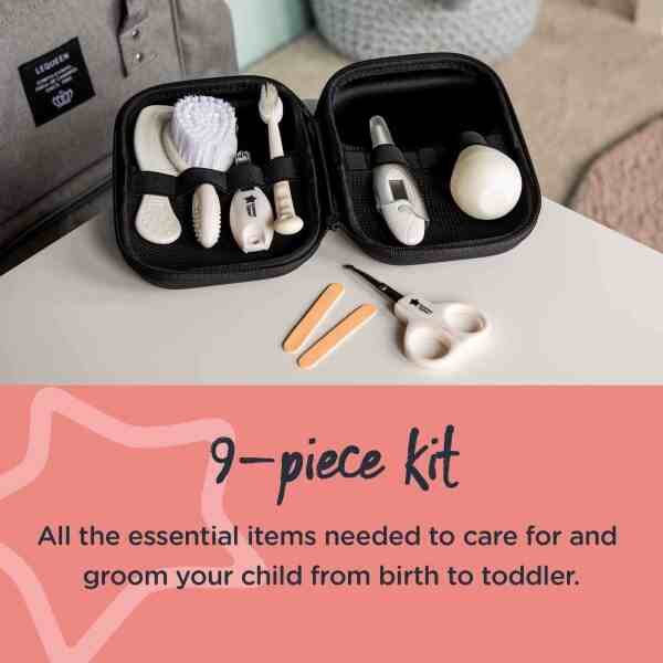 Tommee Tippee 9-piece Healthcare Kit for Baby in a compact black case, featuring grooming tools and a thermometer.