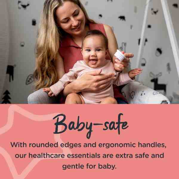 Tommee Tippee Healthcare Kit for Baby, featuring a smiling baby and parent in a cozy setting, highlighting safety and