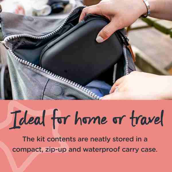 Tommee Tippee Healthcare Kit for Baby in a compact, waterproof carry case being taken out of a bag, ideal for home or travel.
