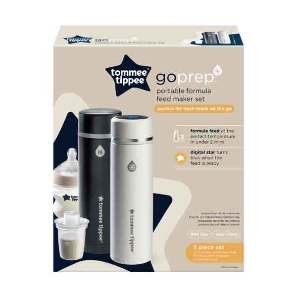 Tommee Tippee GoPrep™ Portable Formula Feed Maker Set in black and silver with digital star timer for easy feeding on the go.