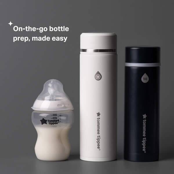 Tommee Tippee GoPrep™ Portable Formula Feed Maker Set featuring a white bottle and two insulated containers in black and