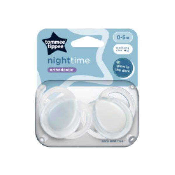 Tommee Tippee Night Soother 0-6M 2Pk in unisex design, features glow-in-the-dark functionality and orthodontic shape.