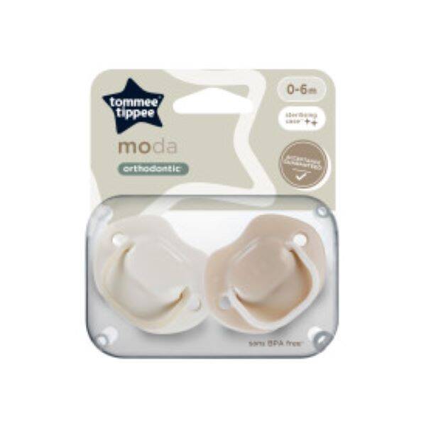 Tommee Tippee Moda Soother 0-6M 2Pk in neutral tones, featuring orthodontic design and BPA-free materials.