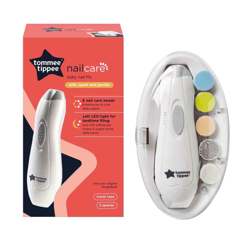 Tommee Tippee Baby & Toddler Nail Trimmer in white with six nail care heads and LED light for safe, gentle filing.