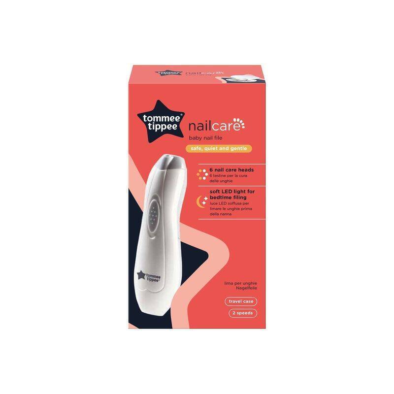 Tommee Tippee Baby & Toddler Nail Trimmer in white packaging, featuring six nail care heads and a soft LED light for bedtime
