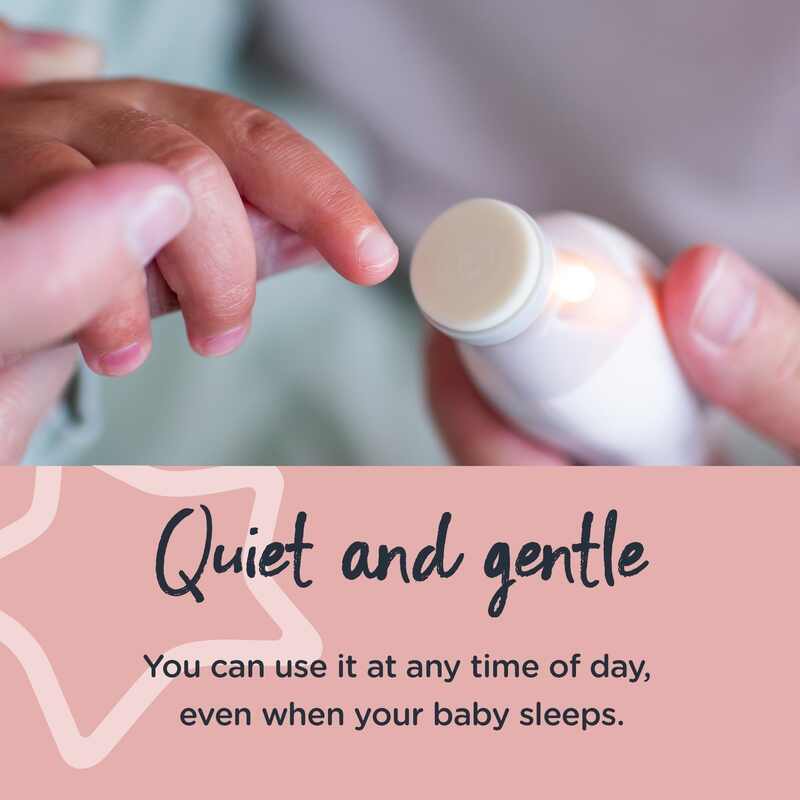 Tommee Tippee Baby & Toddler Nail Trimmer in use, featuring a soft light and gentle design, ideal for quiet nail care.
