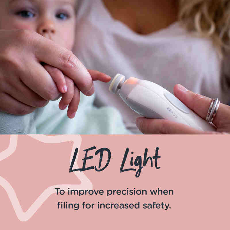 Tommee Tippee Baby & Toddler Nail Trimmer with LED light, shown in use on a child's fingernail for safe filing.