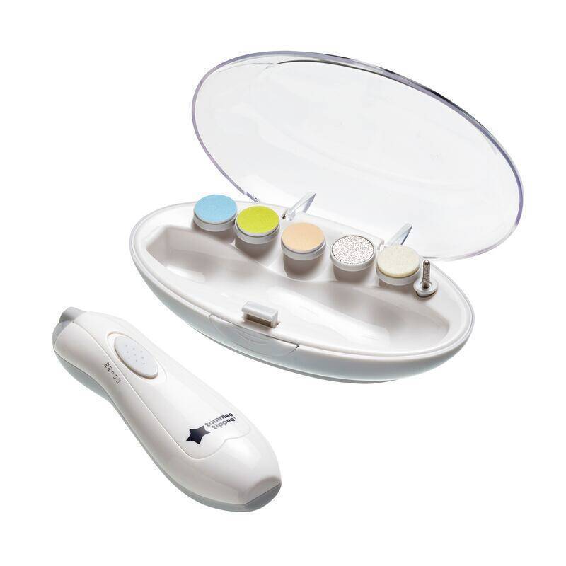Tommee Tippee Baby & Toddler Nail Trimmer with a sleek white design and colorful sanding bands in a clear case.