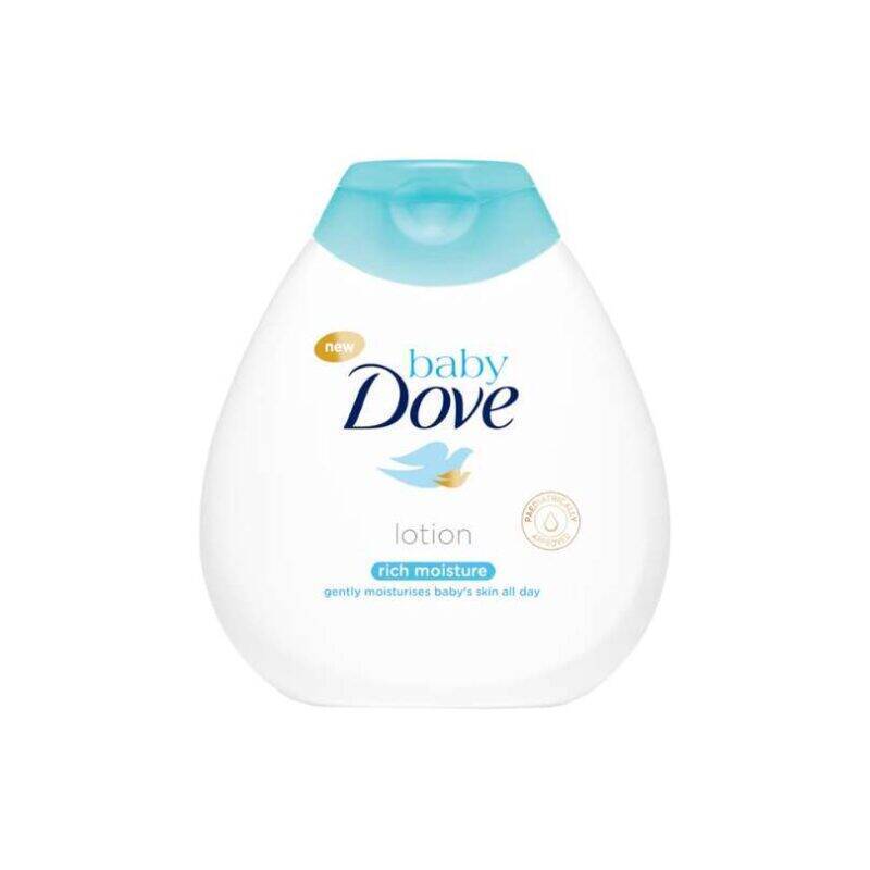 Baby Dove Body Lotion Rich Moisture 200ml in a white bottle with a blue cap, designed to moisturize baby's skin all day.