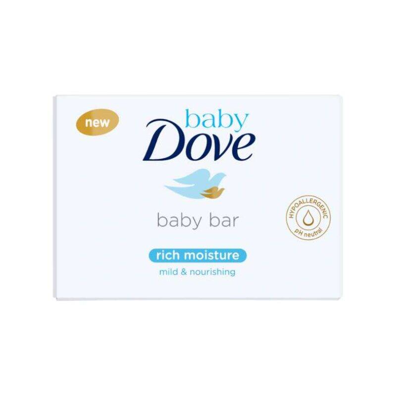 Baby Dove Rich Moisture Soap Bar 75g in a white box with blue accents, labeled as mild and nourishing.