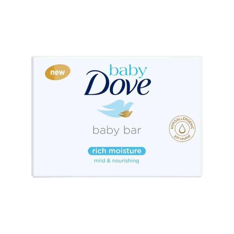 Baby Dove Rich Moisture Soap Bar 75g in a white box with blue accents, labeled as mild and nourishing.
