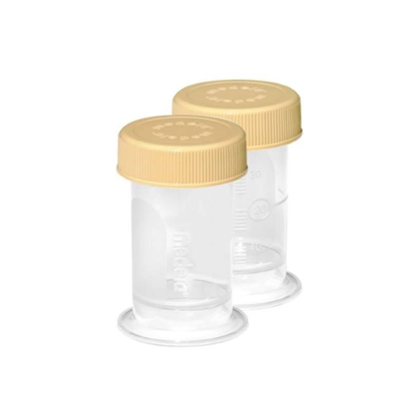 Medela Colostrum Container 2Pk, clear plastic with yellow lids, designed for storing colostrum safely.
