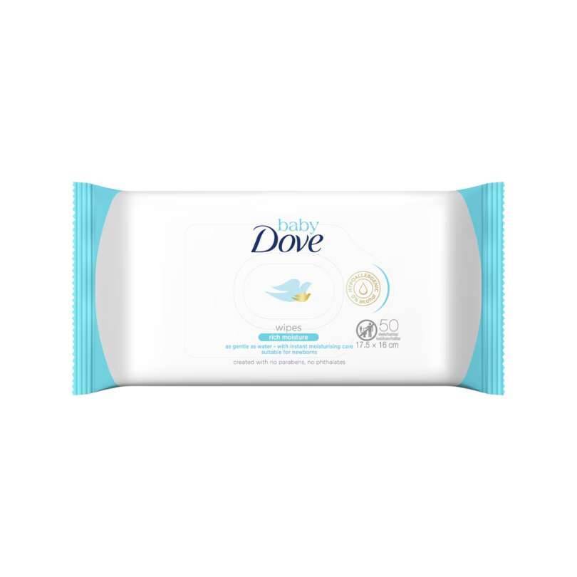 Baby Dove Rich Moisture Wipes, pack of 50, featuring a white package with a light blue accent and gentle moisturizing