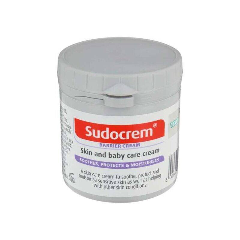 Sudocrem Baby Bum Cream, 125g, in a round white tub with a grey lid, labeled for soothing and moisturizing sensitive skin.