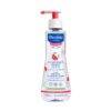 Mustela No Rinse Soothing Cleansing Water 300ml in a clear bottle with a pump dispenser and floral design.