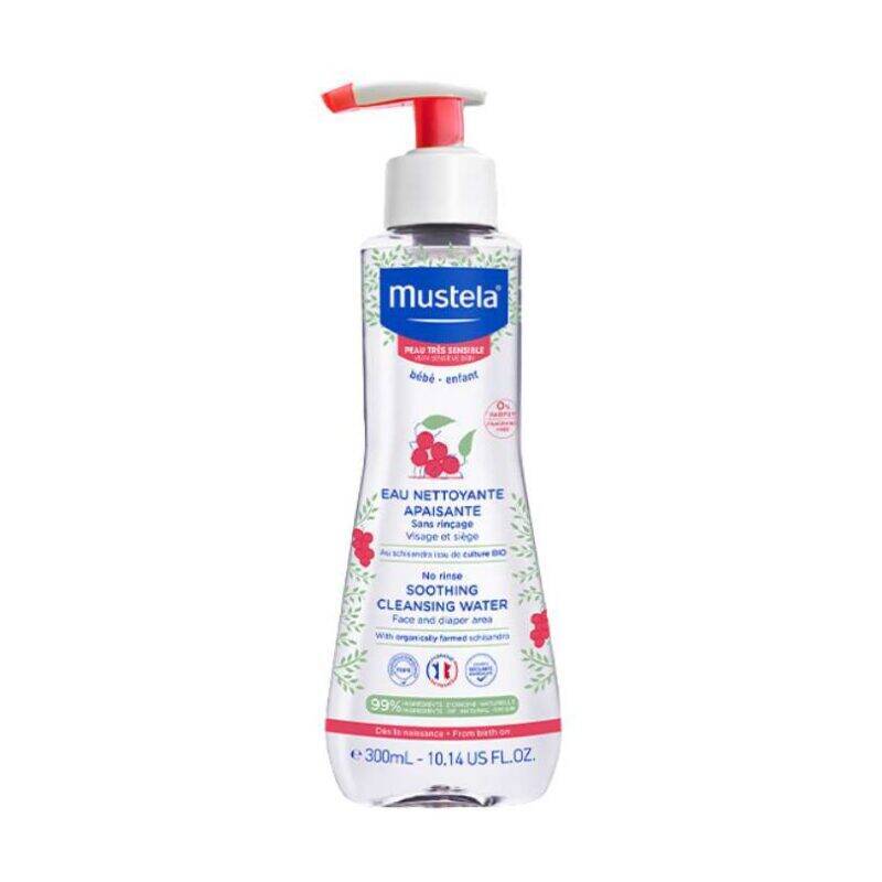 Mustela No Rinse Soothing Cleansing Water 300ml in a clear bottle with a pump dispenser and floral design.