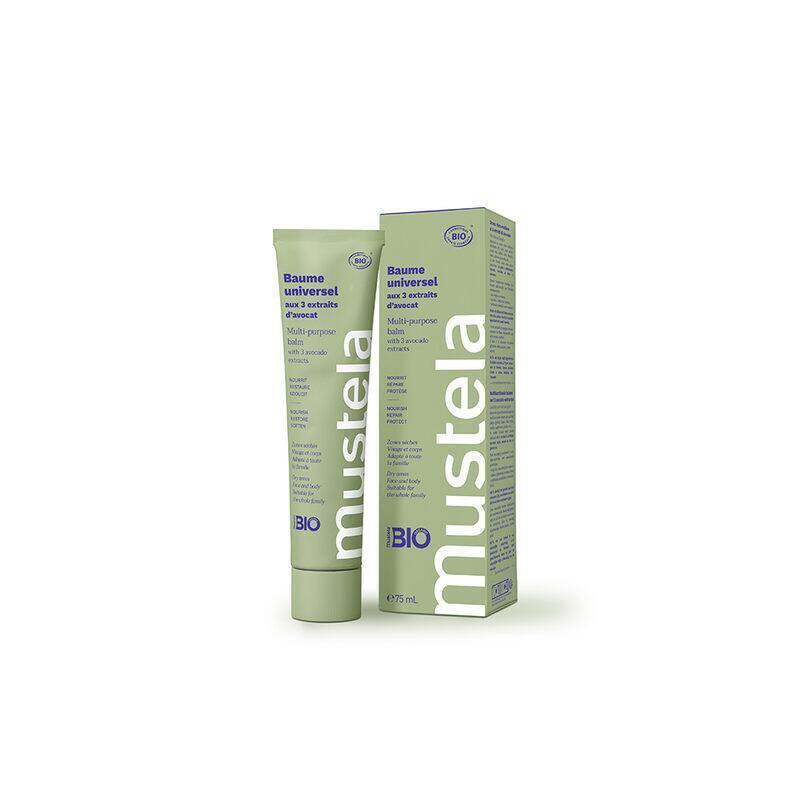 Mustela Organic Universal Balm 75ml in a green tube with a matching box, designed for breast care and protection.