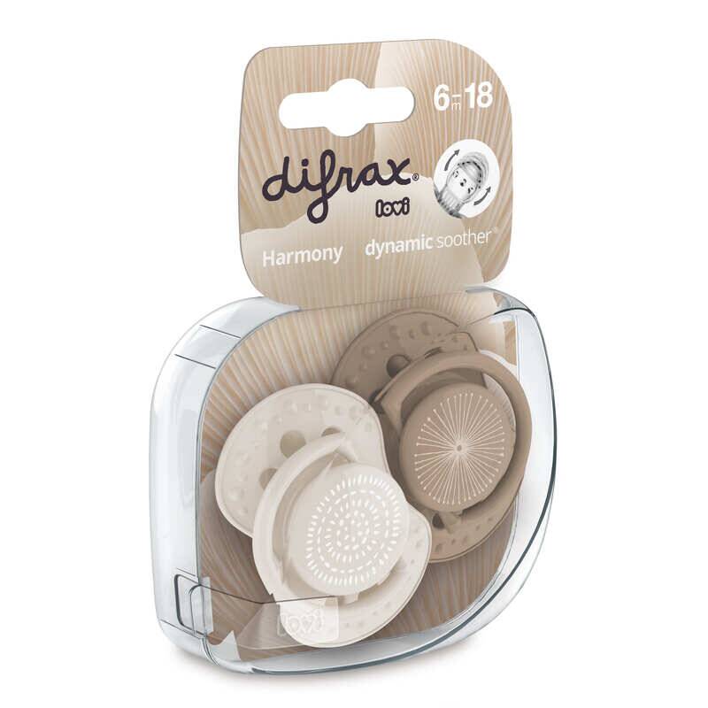 Difrax LOVI Dynamic Pacifier set in brown and grey, designed for ages 6-18 months, featuring a unique textured surface.