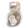 Difrax LOVI Dynamic Pacifier set for 18 months and older in brown and grey, featuring unique textured designs.