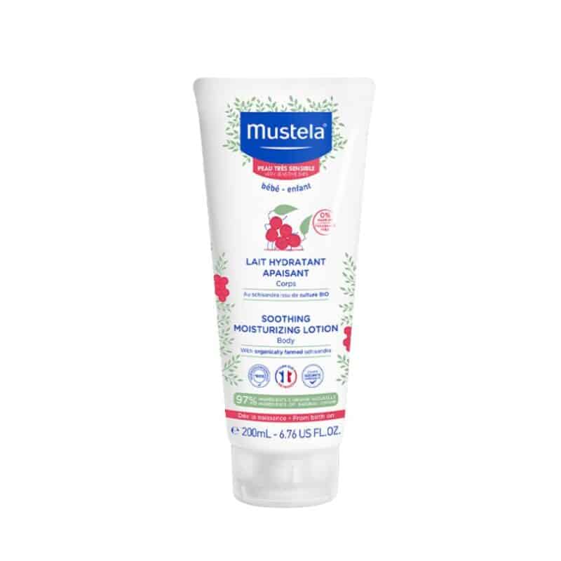 Mustela Soothing Moisturising Lotion 200ml in a white tube with floral design, ideal for sensitive skin care.