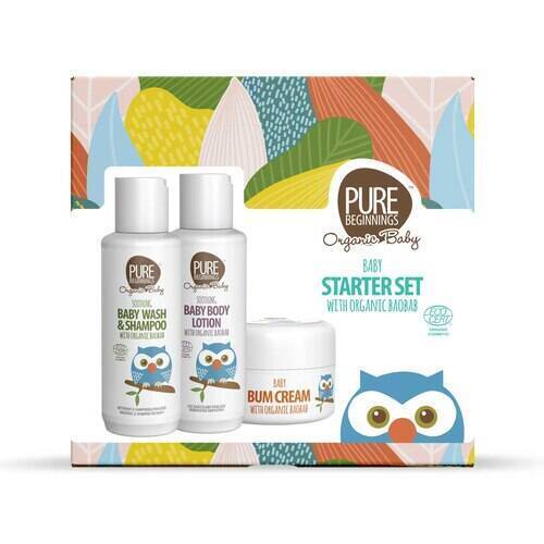 Pure Beginnings Baby Gift Set featuring baby wash & shampoo, body lotion, and bum cream in a colorful box with an owl design.