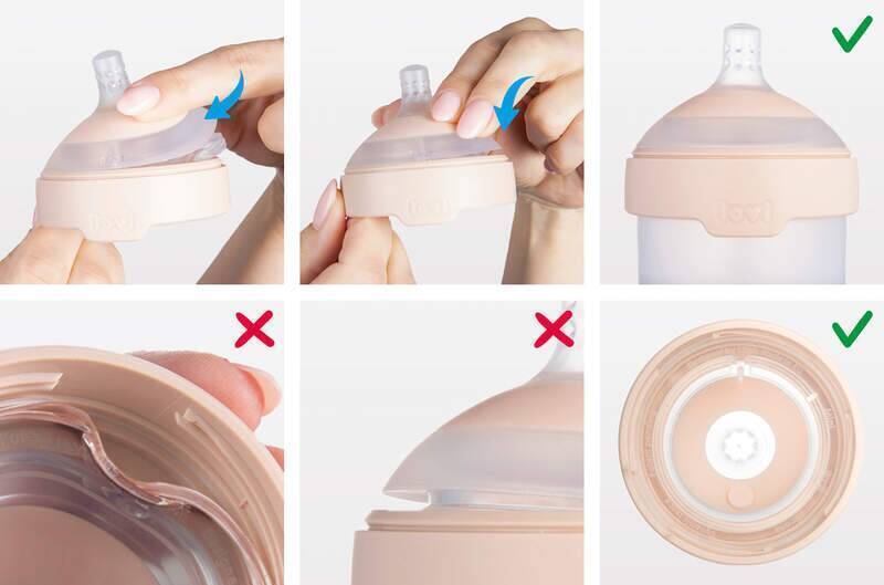 Difrax LOVI Mammafeel Bottle (150ml) in soft pink, demonstrating the correct and incorrect ways to attach the lid.