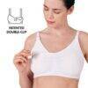 Medela 3-in-1 Nursing & Pumping Bra in white, featuring a patented double-clip for easy nursing access.
