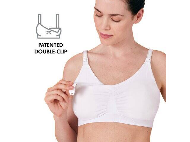 Medela 3-in-1 Nursing & Pumping Bra in white, featuring a patented double-clip for easy nursing access.