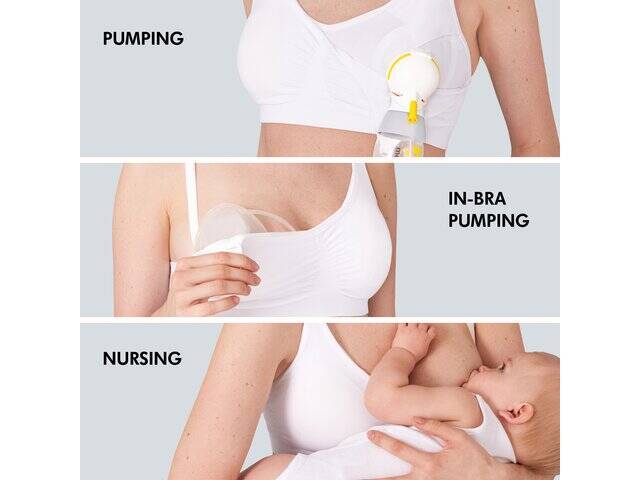 Medela 3-in-1 Nursing & Pumping Bra in white, showcasing three functions: nursing, in-bra pumping, and pumping.