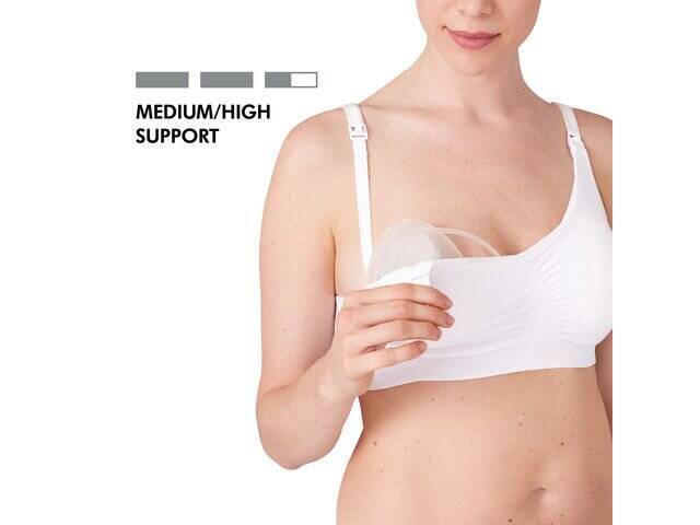 Medela 3-in-1 Nursing & Pumping Bra in white, featuring adjustable straps and a side opening for easy nursing access.