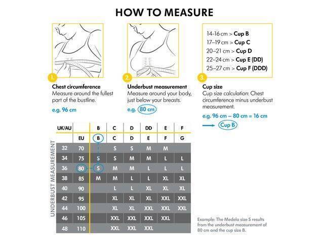 Medela 3-in-1 Nursing & Pumping Bra in white, size L, featuring a detailed measurement guide for proper fit.