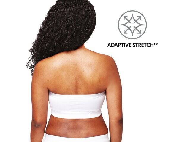 Medela Hands-Free Pumping Bustier in white, size L, showcasing adaptive stretch design for comfort and convenience.