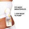 Medela Hands-Free Pumping Bustier in white, size L, shown with breast pump attachment for easy hands-free use.