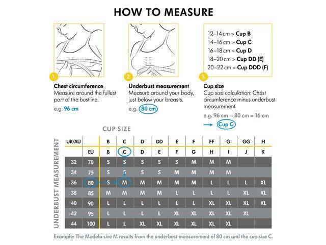 Medela Hands-Free Pumping Bustier in white, size L, featuring measurement guide for proper fit and support.