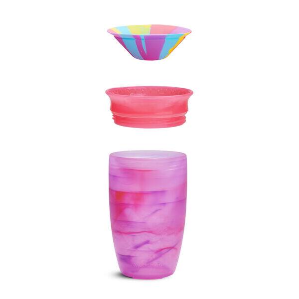 Munchkin Miracle 360° Tropical Sippy Cup in blue, pink, and yellow with a detachable lid and colorful inner cup design.