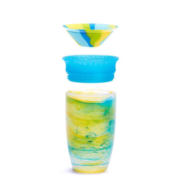 Munchkin Miracle 360° Tropical Sippy Cup in blue, pink, and yellow, shown in three parts highlighting its unique design.