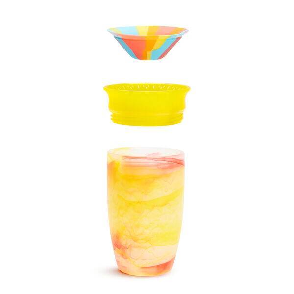 Munchkin Miracle 360° Tropical Sippy Cup in blue, pink, and yellow with a colorful lid and removable inner components.
