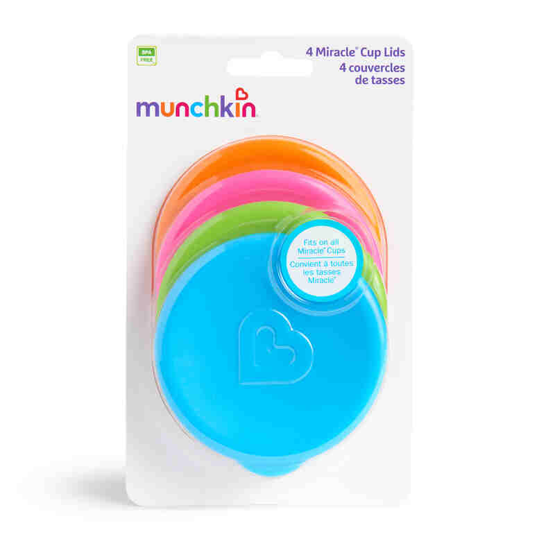 Munchkin Miracle 360° Cup Lids Pack includes four colorful lids: blue, pink, orange, and green for spill-proof drinking.