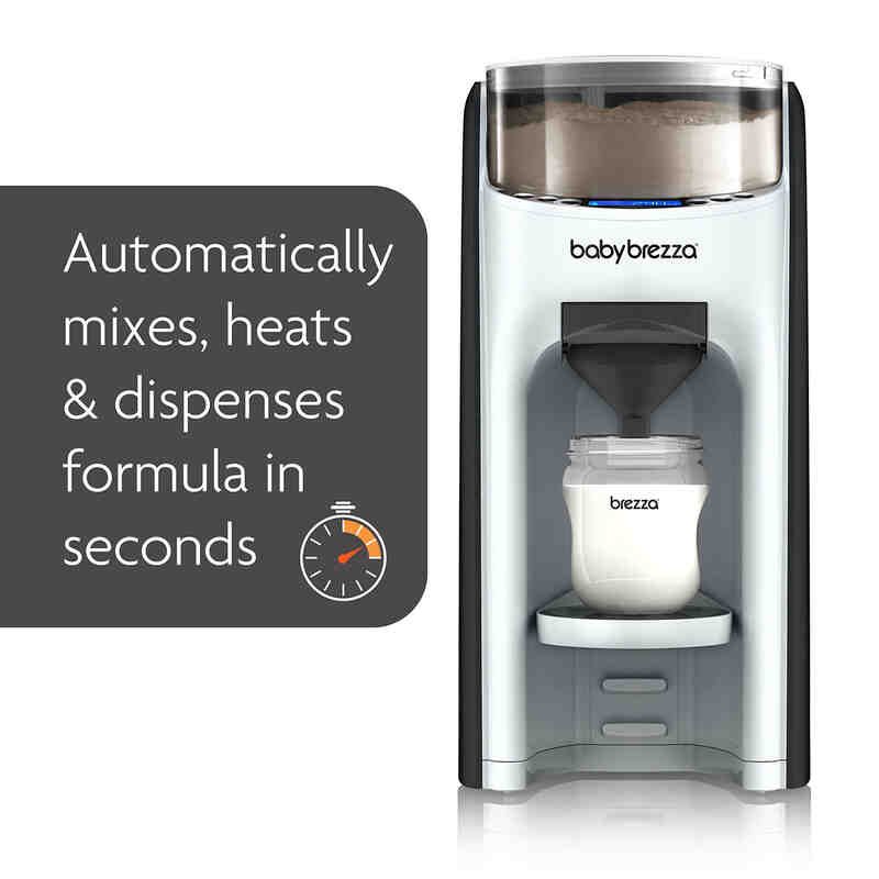 Baby Brezza Formula Pro Advanced in black, featuring a digital display and a bottle for quick formula preparation.