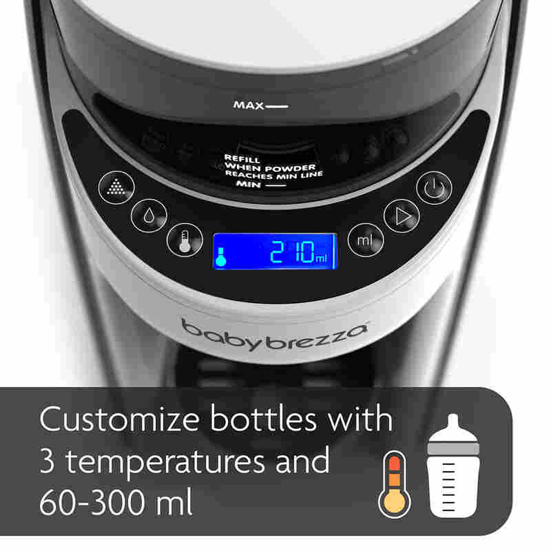 Baby Brezza Formula Pro Advanced dispenser in black, featuring a digital display for customizing bottle volumes and