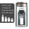Baby Brezza Formula Pro Advanced dispenser in black, showcasing compatibility with various formula brands and bottle types.
