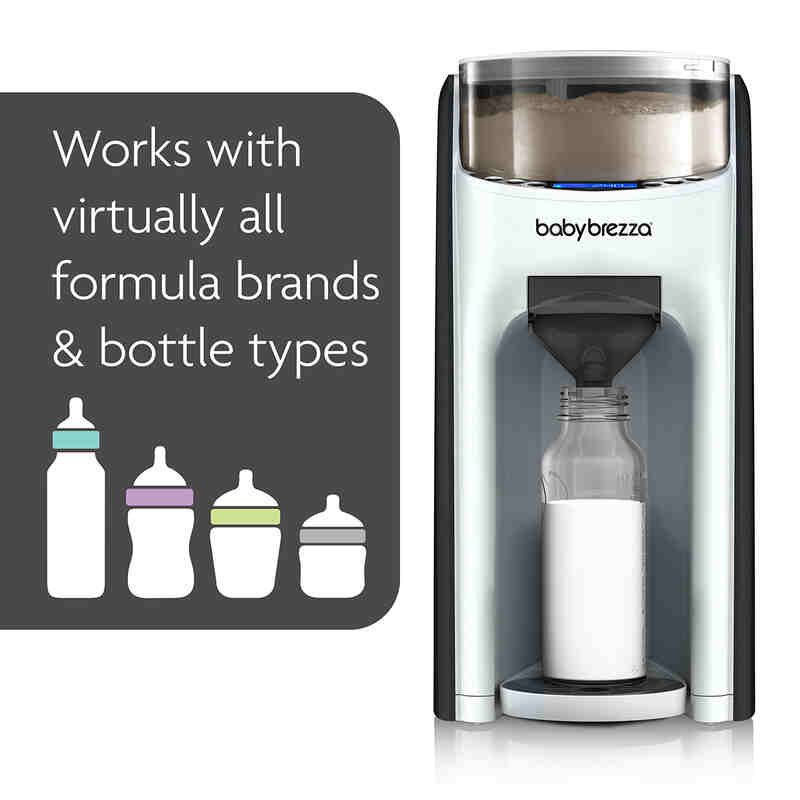 Baby Brezza Formula Pro Advanced dispenser in black, showcasing compatibility with various formula brands and bottle types.
