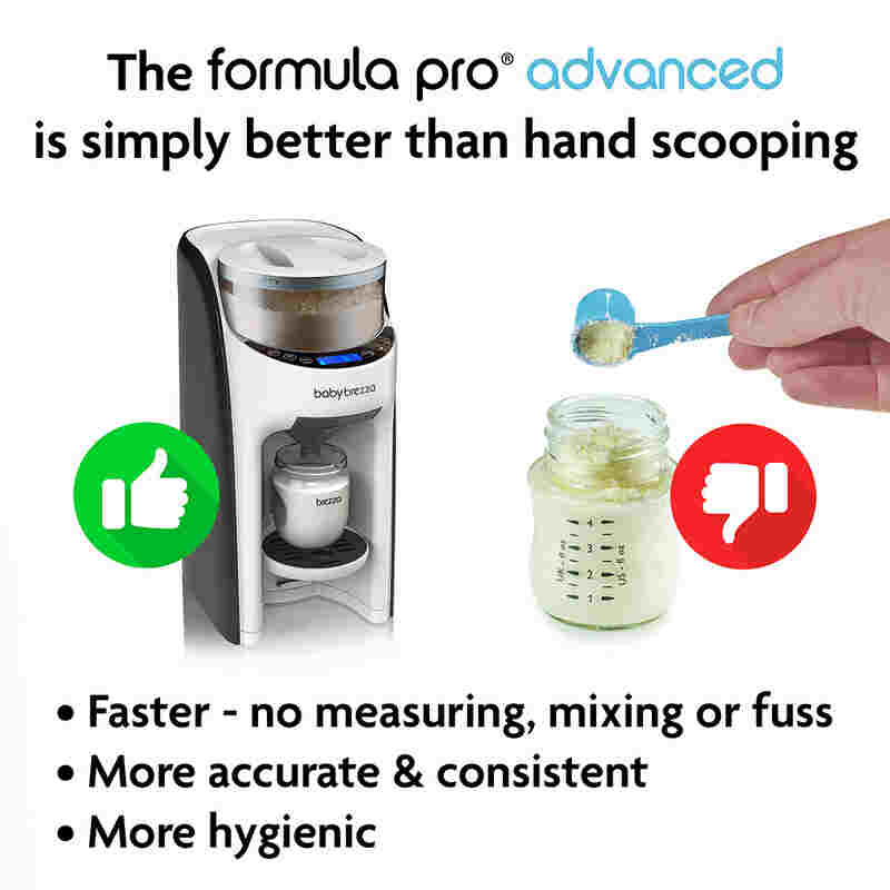 Baby Brezza Formula Pro Advanced Formula Dispenser in black, showcasing features like fast, accurate dispensing and hygienic