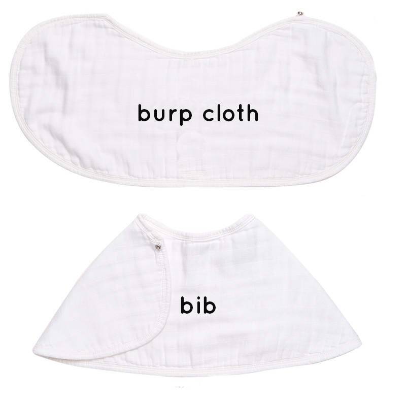 Maccie 2-In-1 Burp Cloth and Bibs in white, featuring clear labels for easy use, shown in a flat layout.