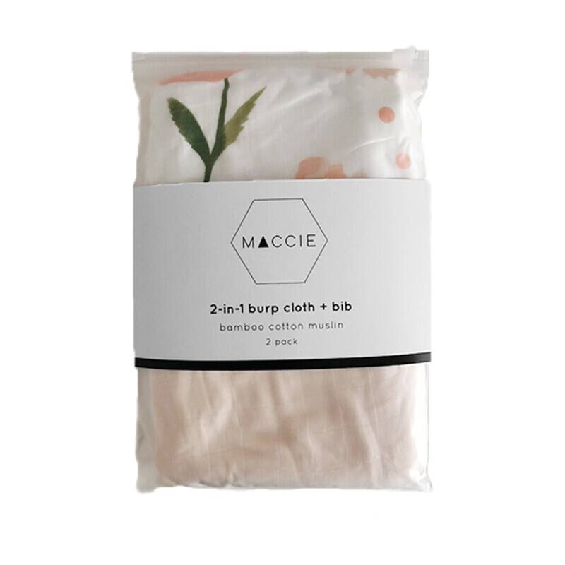 Maccie 2-In-1 Burp Cloth + Bibs pack featuring blush floral and solid blush designs, made from soft bamboo cotton muslin.