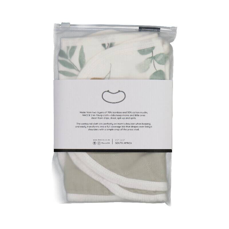 Maccie 2-In-1 Burp Cloth + Bibs set in blush and poppy, featuring soft bamboo and cotton fabric, packaged neatly.