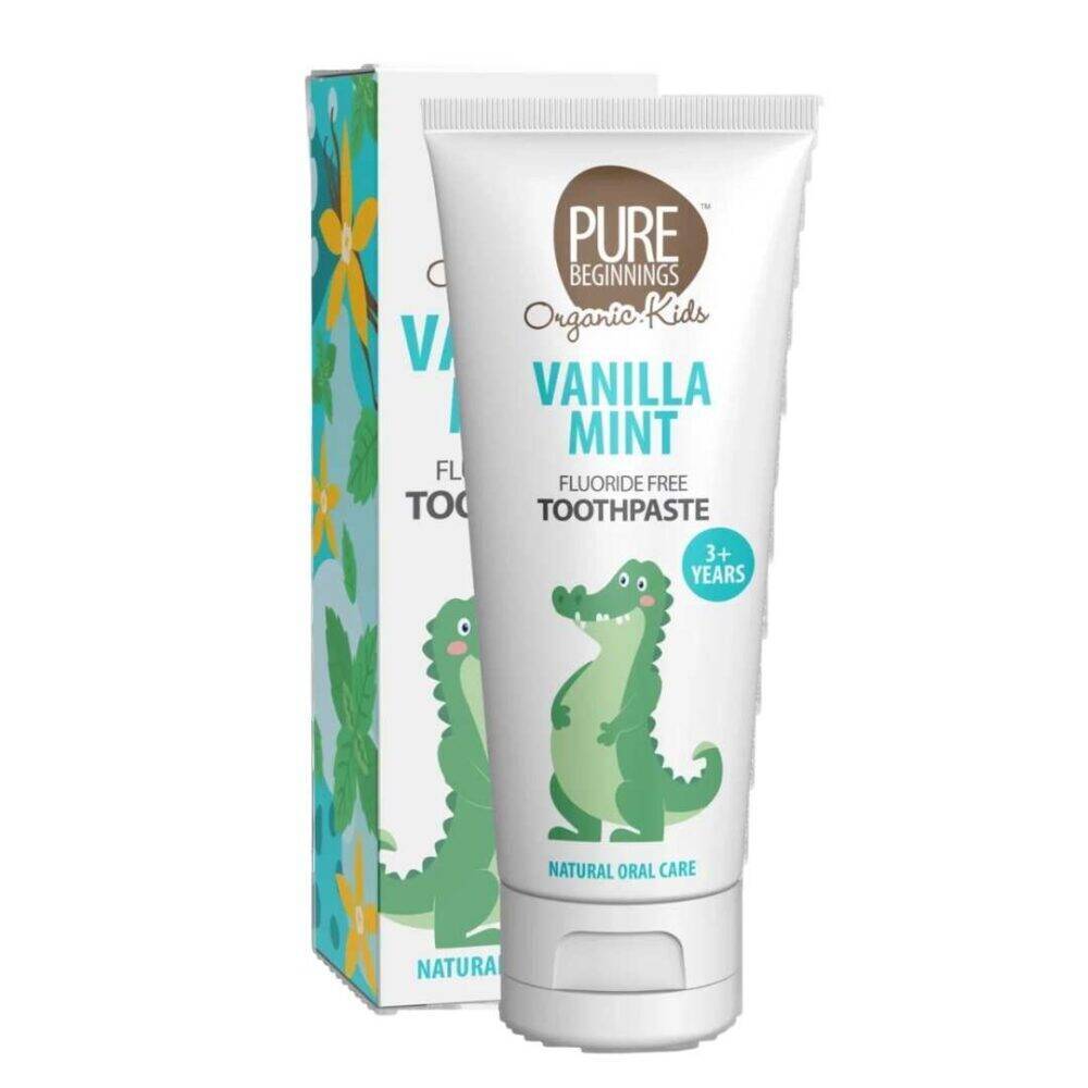 Pure Beginnings Vanilla Mint Toothpaste with Xylitol in a tube featuring a friendly green crocodile design.