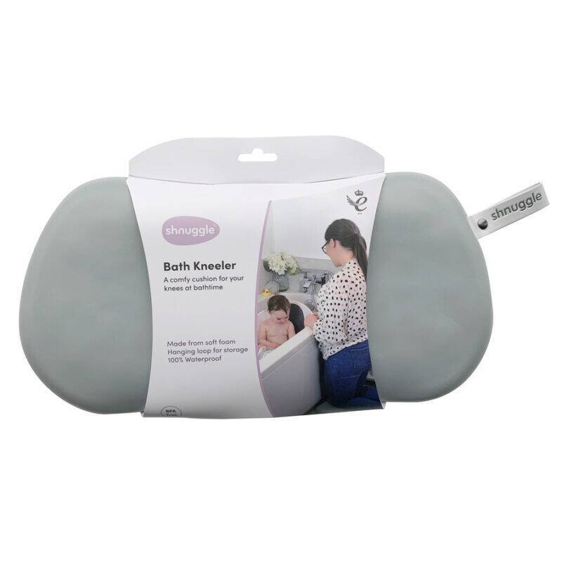 Shnuggle Kneeler in soft grey, designed for comfort during bath time, featuring a waterproof surface and hanging loop.
