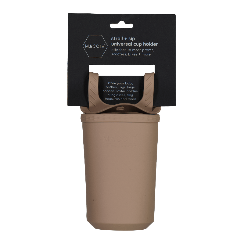 Maccie Universal Pram Cup Holder in beige, designed to attach to most prams, scooters, and bikes for easy access.